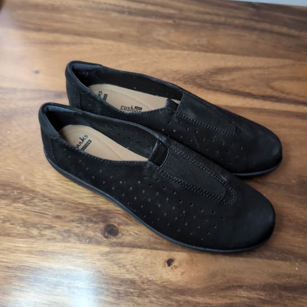 Clarks Medora Gemma Black Nubuck Leather Slip On Loafers Women 7 M Cushion Soft